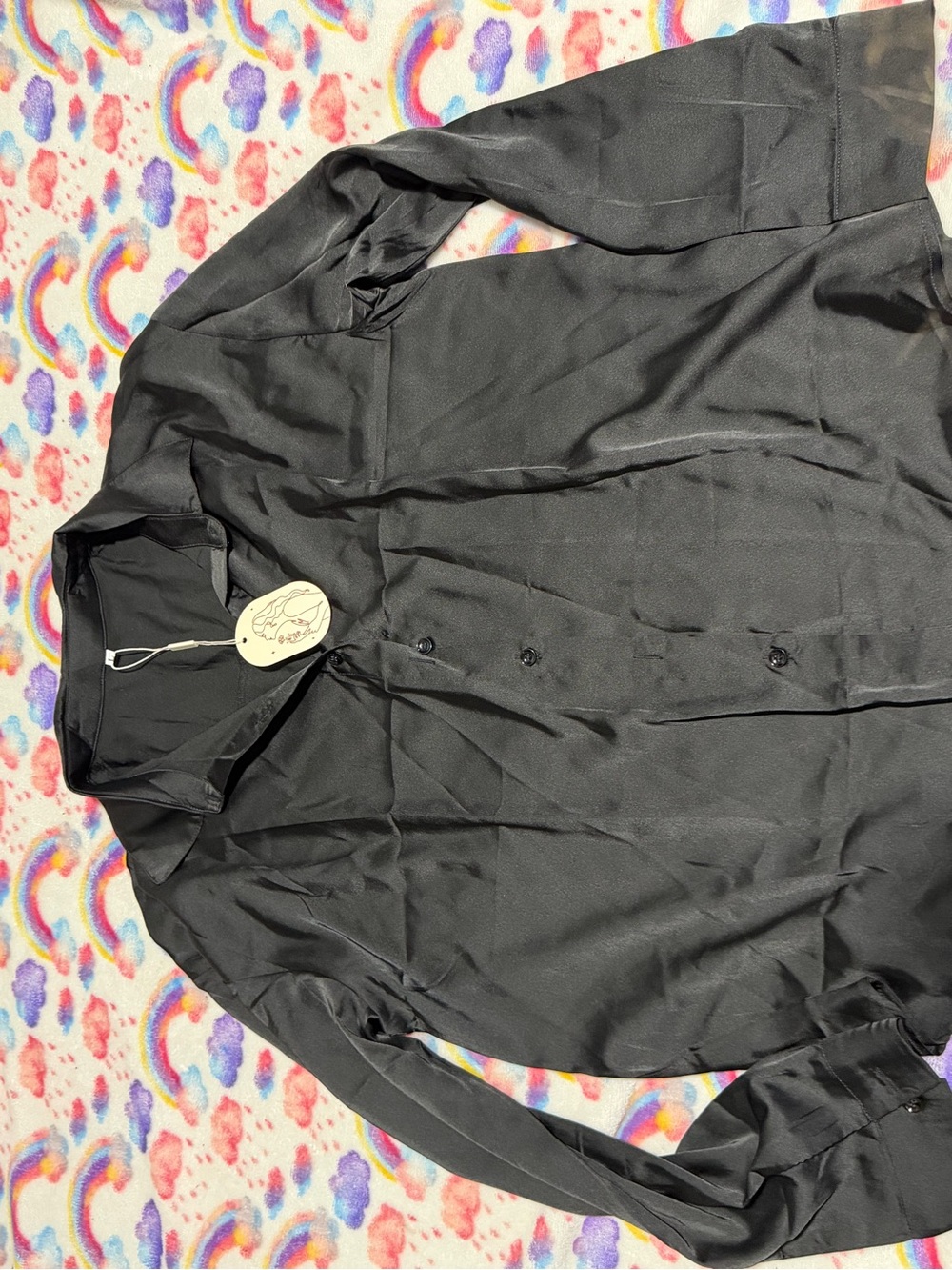 Women's Black Satin Button-Up Blouse